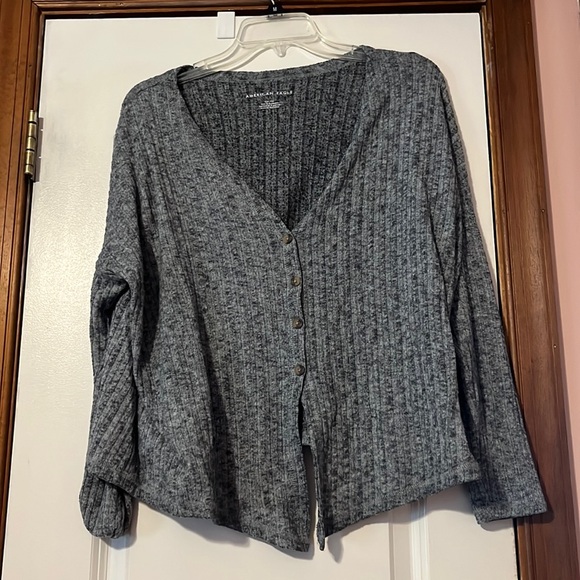 American Eagle Outfitters Sweaters - American Eagle Tie Front Top Ribbed Button Front Soft Grey size small